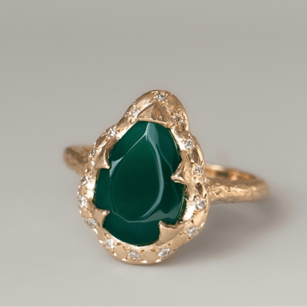 Logan Hollowell Green Onyx and Diamonds Yellow Gold  Ring size 6.